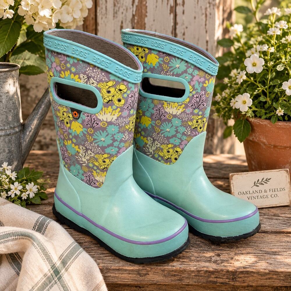 BOGS Kids Girls Size 9 Floral Rain Boots Mint Aqua Purple Waterproof